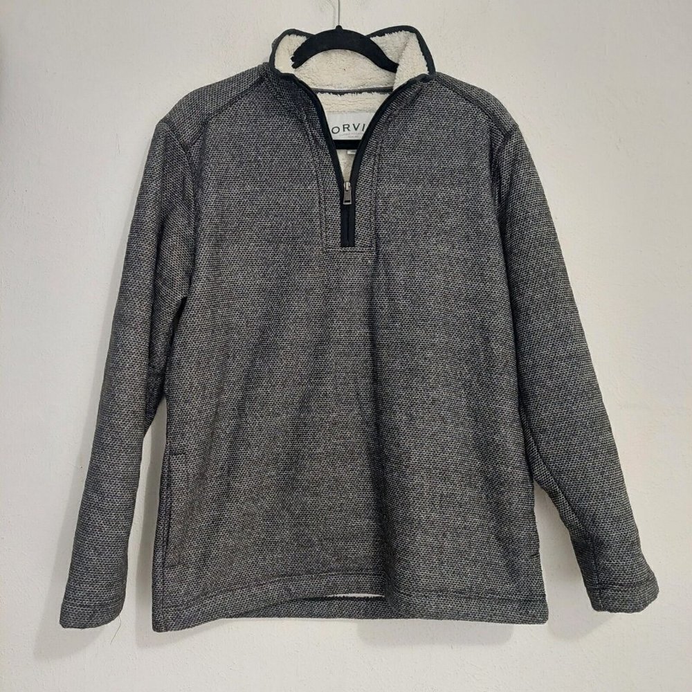 ORVIS Sweater Jacket Mens Medium Sherpa Fleece Lined 1/4 Zip Pullover Gray Black